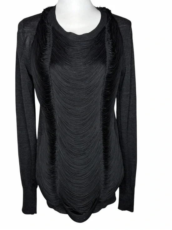 Vera Wang Black Long Sleeve Draped Fringe Top - Picture 1 of 7